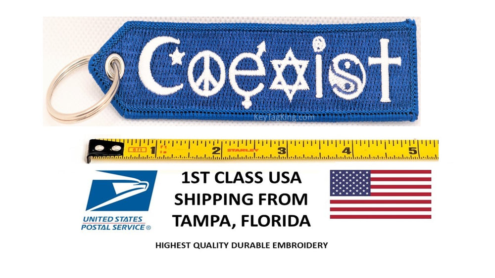 PEACE COEXIST Keychain Patch LOVE Key Fob Double Sided Embroidered Key Tag Highest Quality Equality Pagan Christian Muslim Hippie Jewish Tolerance