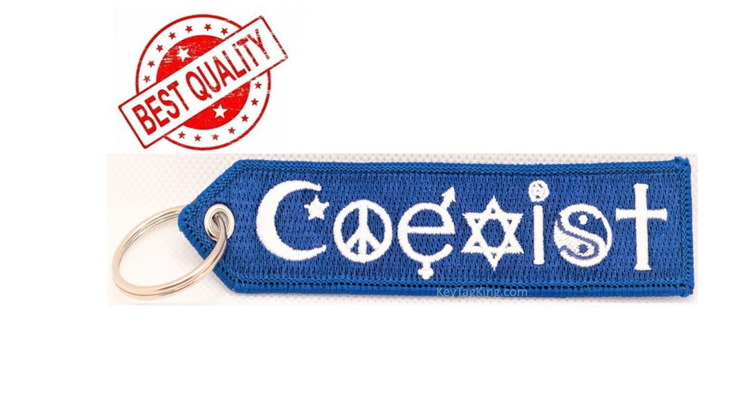 PEACE COEXIST Keychain Patch LOVE Key Fob Double Sided Embroidered Key Tag Highest Quality Equality Pagan Christian Muslim Hippie Jewish Tolerance