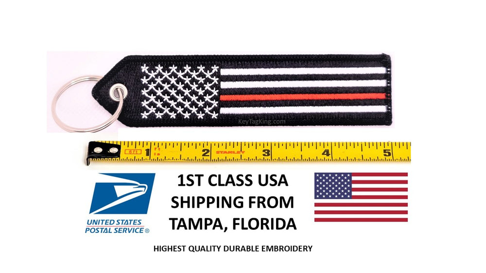 USA FLAG RED Line Double Sided Embroided Fabric Keychain Fireperson